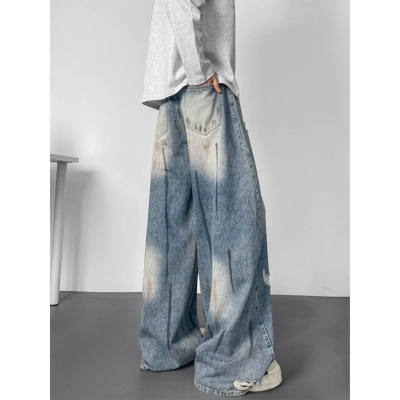 Men's Jeans Man Pants Ripped Graffiti Artistic Scythe Cut Loose Streetwear Hip Hop Wide Leg Denim Trousers