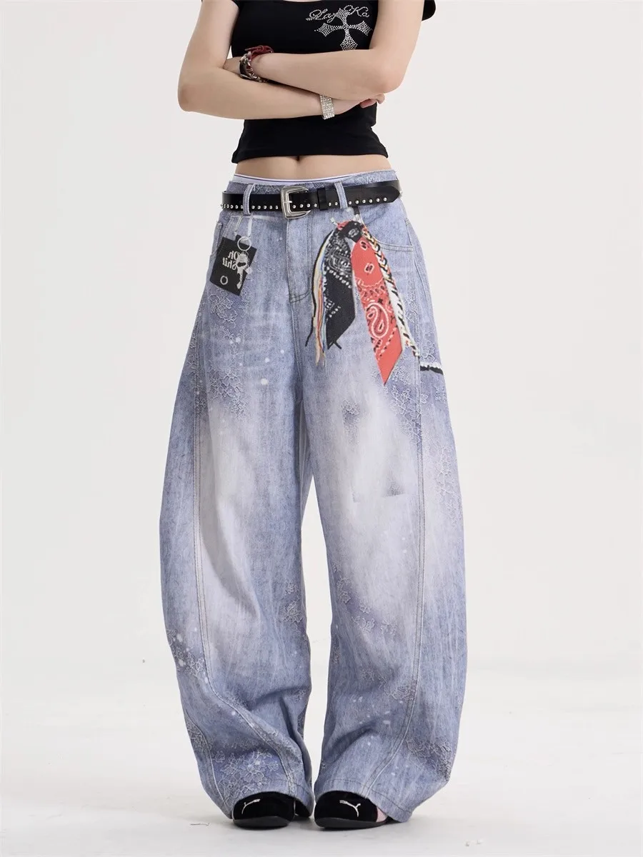 

Y2K Harajuku женские пряные девушки с принтом изогнутые джинсы с низкой талией, свободные прямые широкие брюки с низкой талией