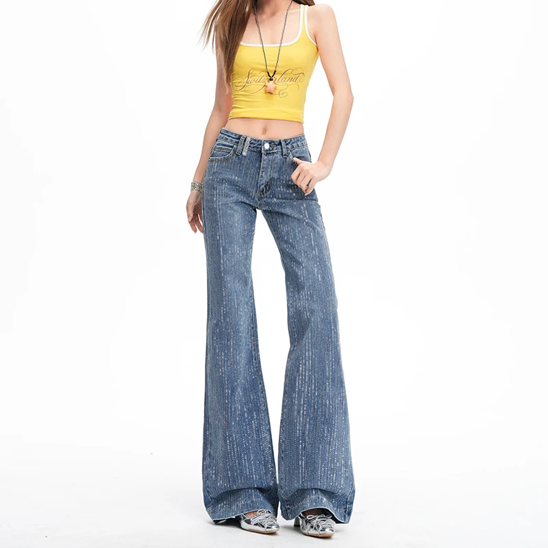 Women's Retro Rhinestone Wide Leg Jeans Loose Fitting Floor-Length Glitter Design Y2K Korean Style Casual High Waist Denim