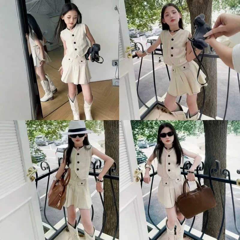 

Girls' Summer Vest and Short Skirt Set2026New stylish sleeveless vest top and casual pleated skirt two-piece set