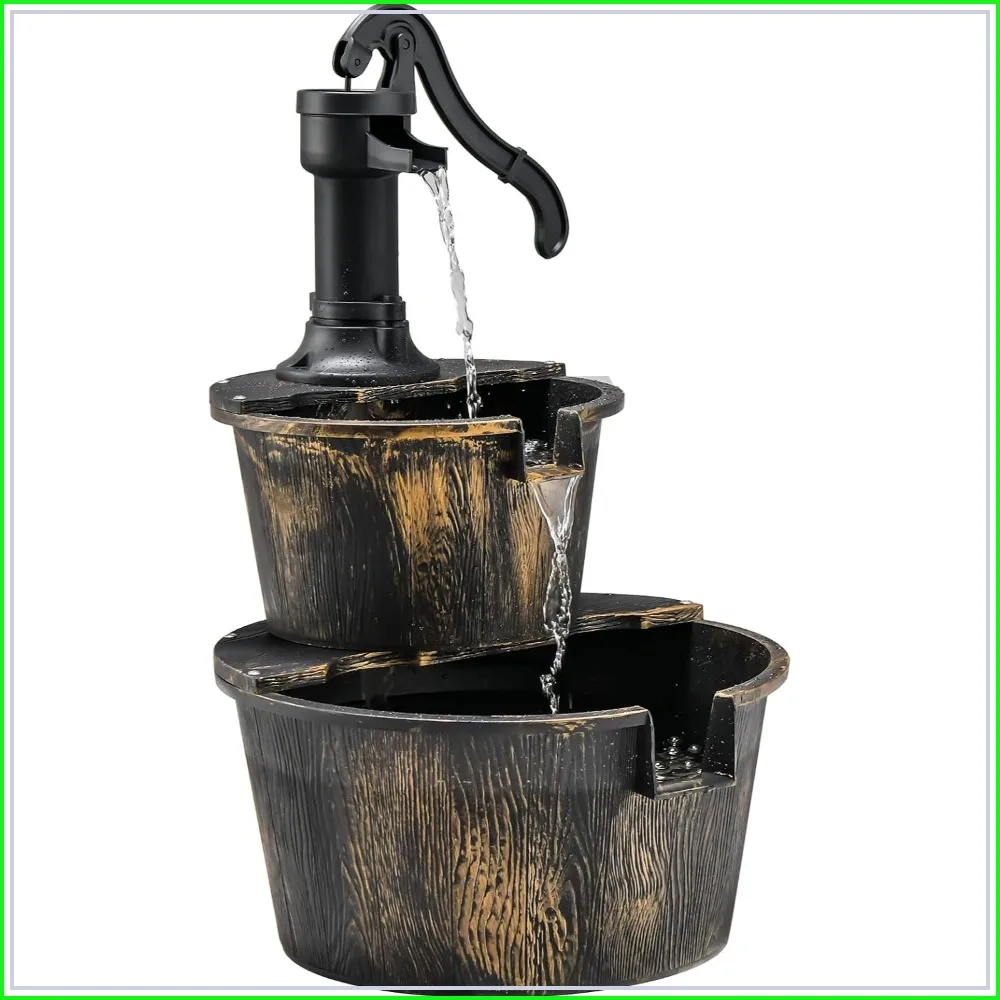 Outdoor 2-Tier Barrel Fountain, Cascading Water Feature with Pump for Garden Patio