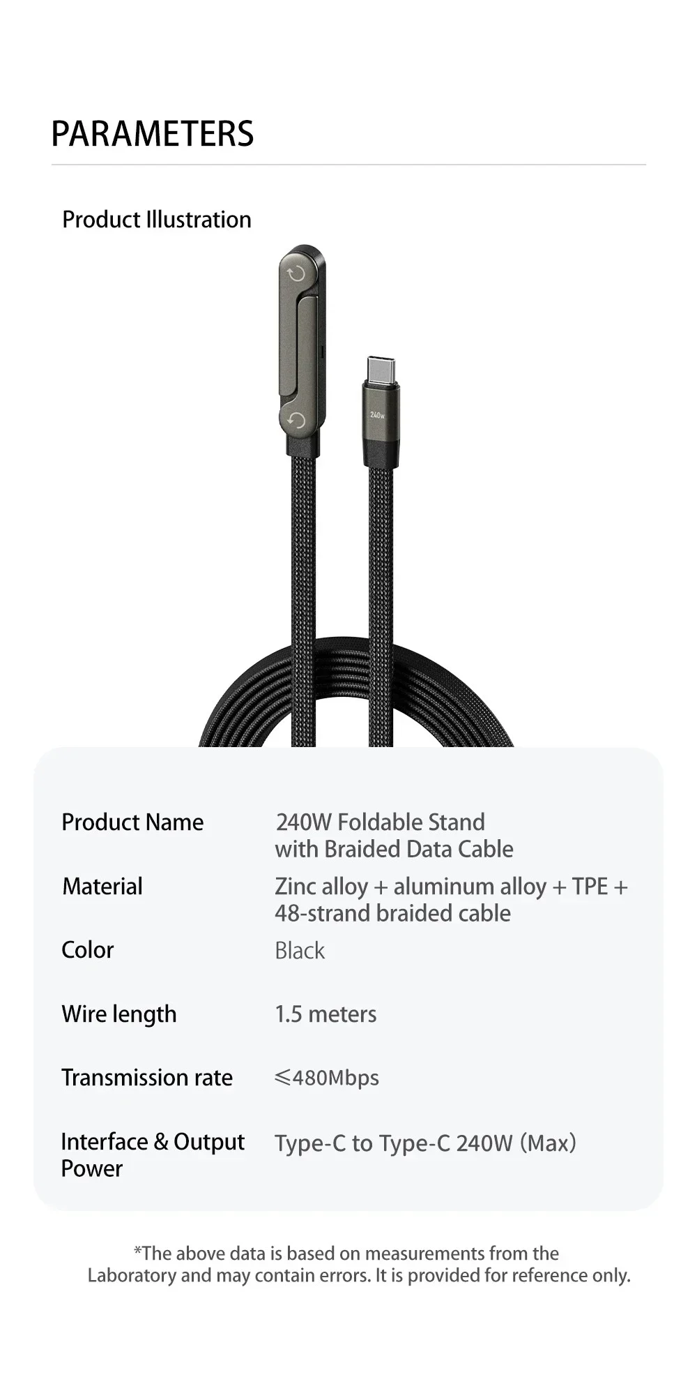 3/1 Stück Faltbares Ladekabel mit integriertem Ständer, Schnellladekabel für Telefon und Tablet, 240W Ultra-Schnelles Datenkabel, Telefonhalter – Detail 9