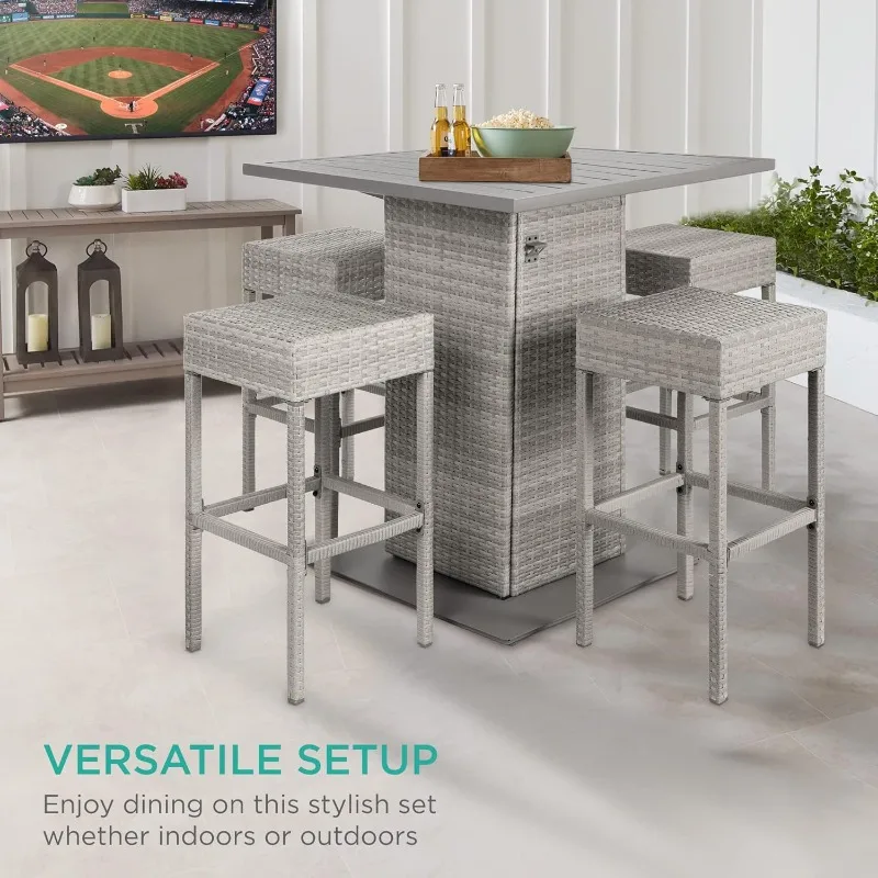 

5-Piece Outdoor Wicker Bar Table Set for Patio, Poolside, Backyard w/Built-in Bottle Opener, Hidden Storage Shelf