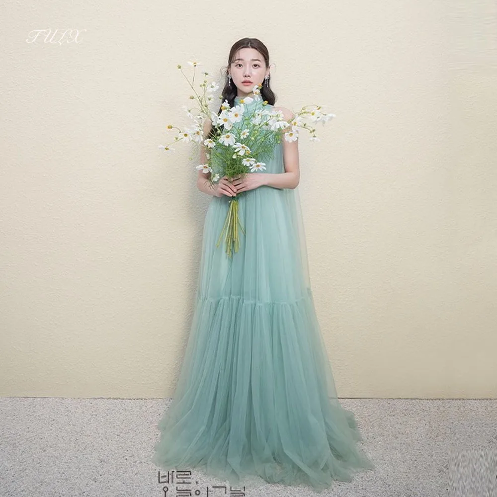 

TULX Fairy Tulle Green Evening Dress Korea Wedding Photo Shoot High Neck Sleeveless A line Long Party Dress Corset Customized