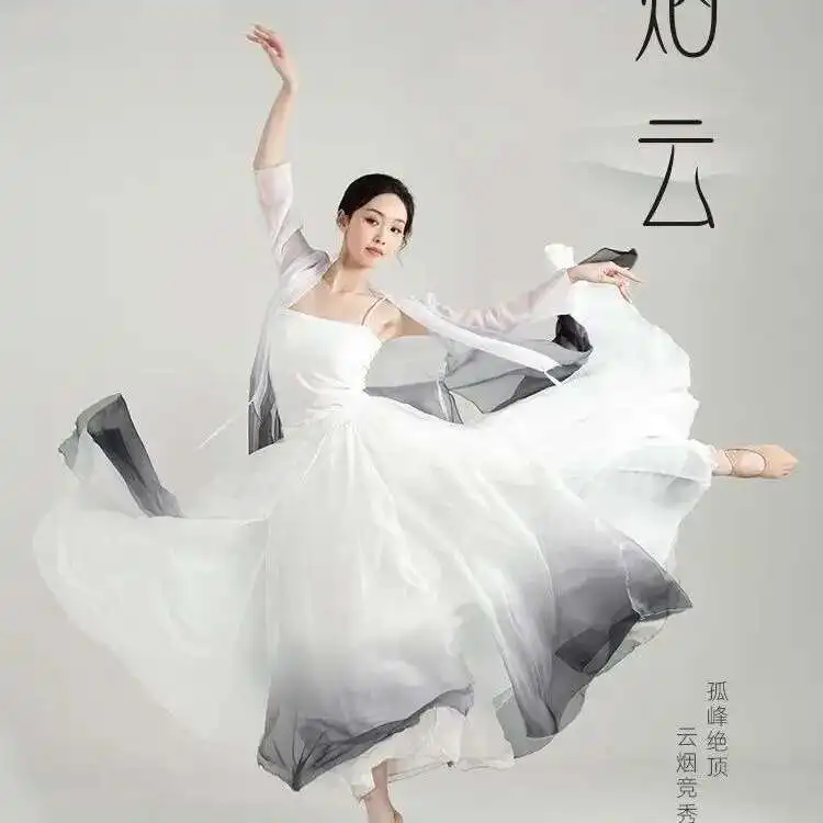

[Fairy And Elegant]Chinese Style, Black And White, Chinese Dance Dress, Book Dance Performance Costume, Ethnic Dance Practice