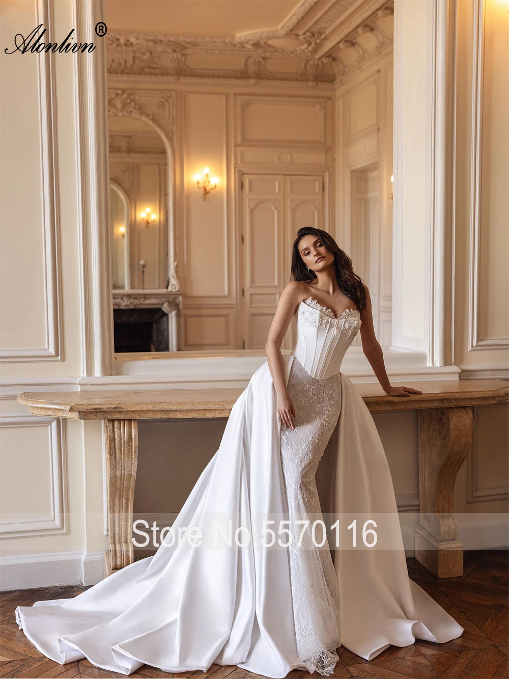 Alonlivn مخصص خمر 2 في 1 حورية البحر فساتين الزفاف الجمال مطرز اللؤلؤ يزين الدانتيل الحبيب البوق فساتين الزفاف