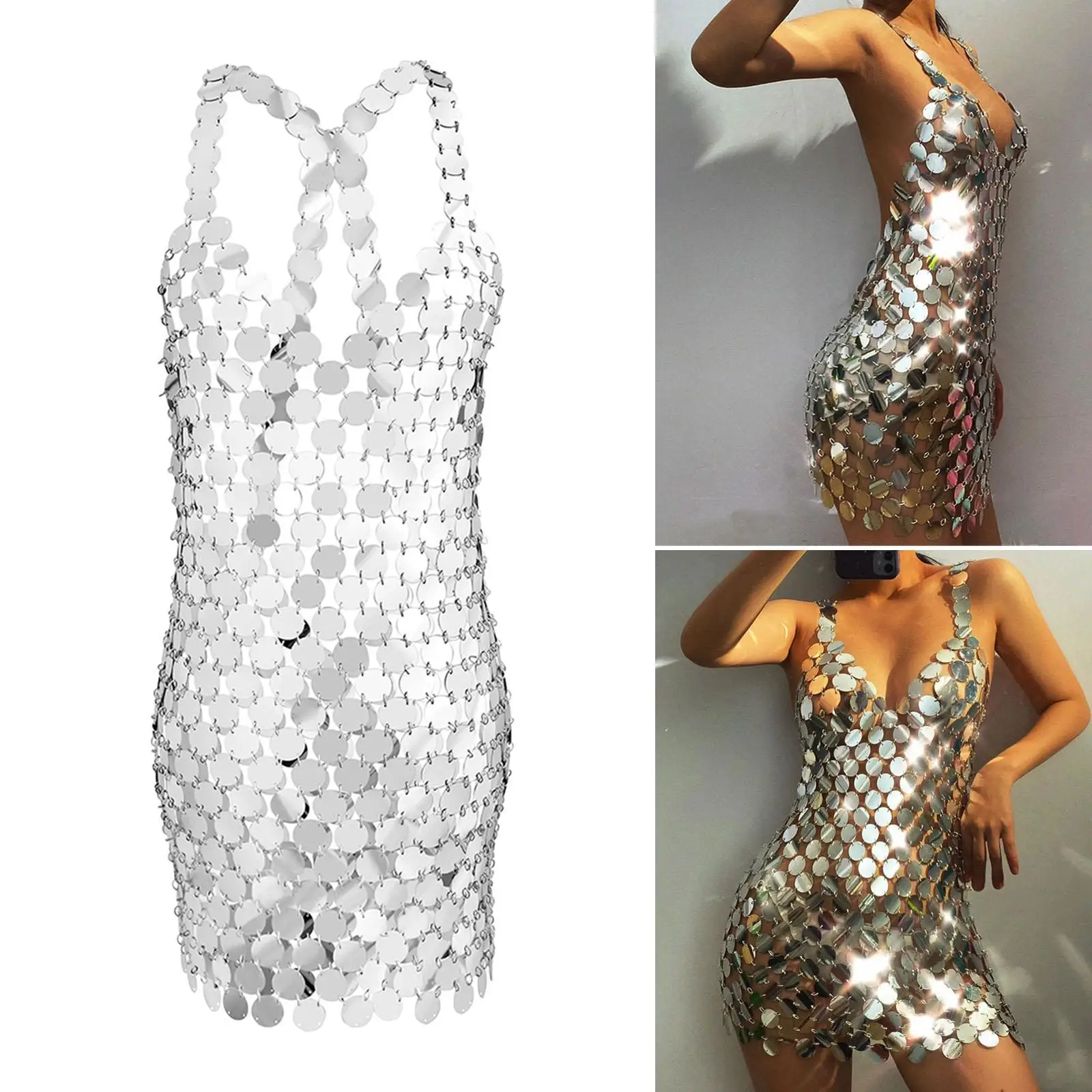Women Silver Sequin Body Chain Metal Cage Chest Bra Bikini Jewelry for Anniversary Party Nightclub Bohemia Sleeveless Lace Made