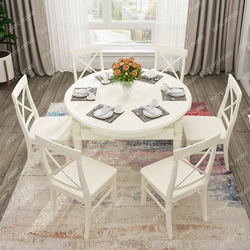 Solid Wood Dining Table Set with 6 Chairs Extendable Folding Table for Home Kitchen