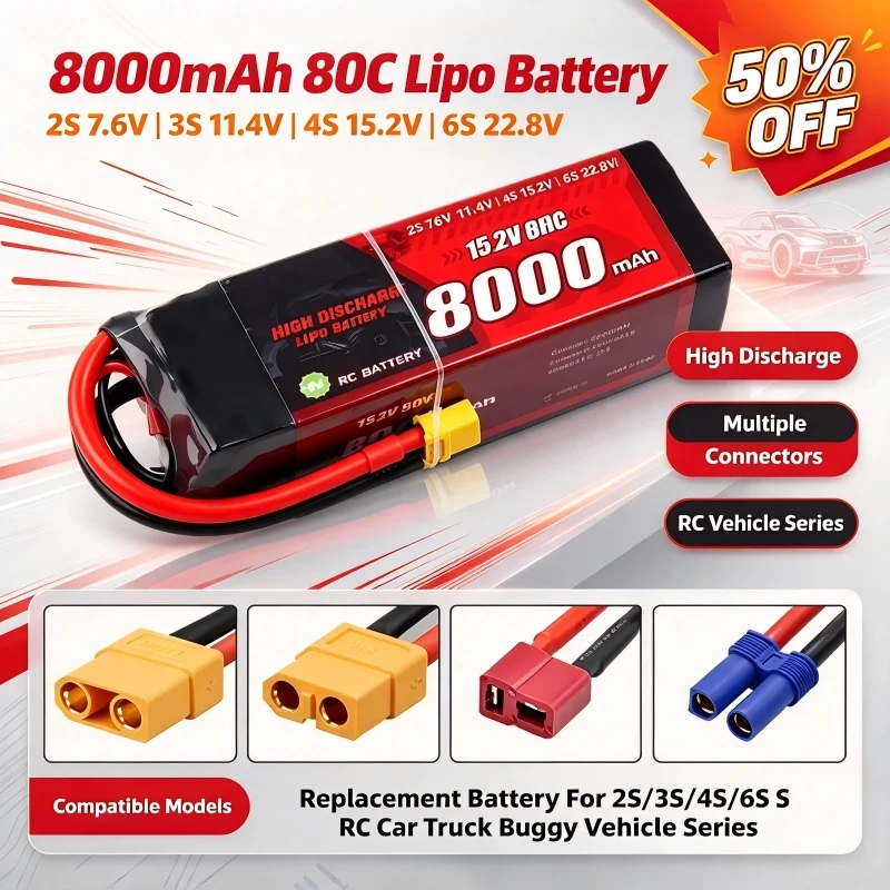 8000mAh 80C 2S 7.6V 3S 11.4V 4S 15.2V 6S 22.8V Lipo Battery XT60 T Plug EC5 XT90 for 2S/3S/4S/6S RC Car Truck Buggy Vehicle