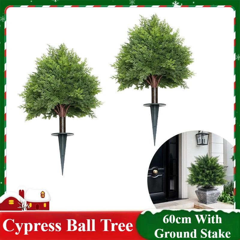 

‌60cm Artificial Cypress Ball Tree Money Leaf Boxwood Bonsai Ball Tree with Ground Stake Faux Lavender Potted Plant Garden Deco