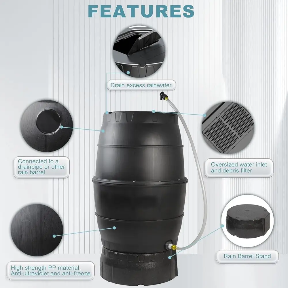 50 Gallon Rainwater Storage Barrel with Stand - BPA-Free, Outdoor and Garden Water Collection System