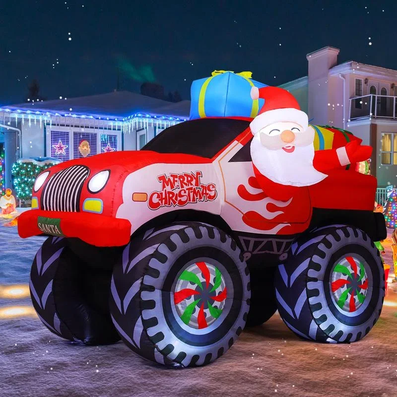 COMIN 7.5 FT Length Christmas Inflatables Truck Outdoor Decoration Blow Up Santa Claus with Gifts on Truck with Built-in LEDs