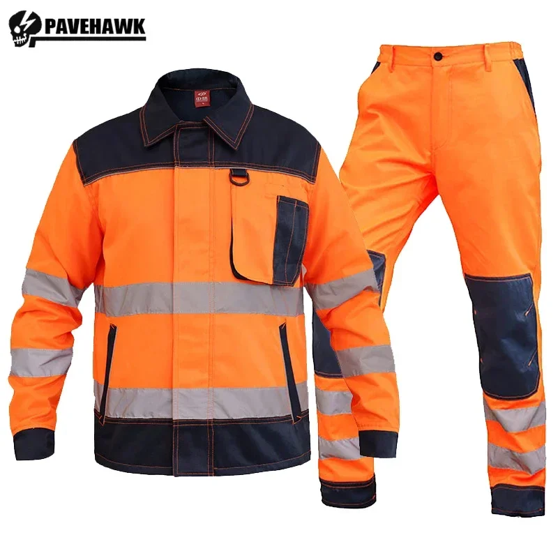 High Visibility Work Wear Set Men Reflective Safety Jacket+cargo Pant Clothing Workwear Orange Multi Pockets Resistant Suit New