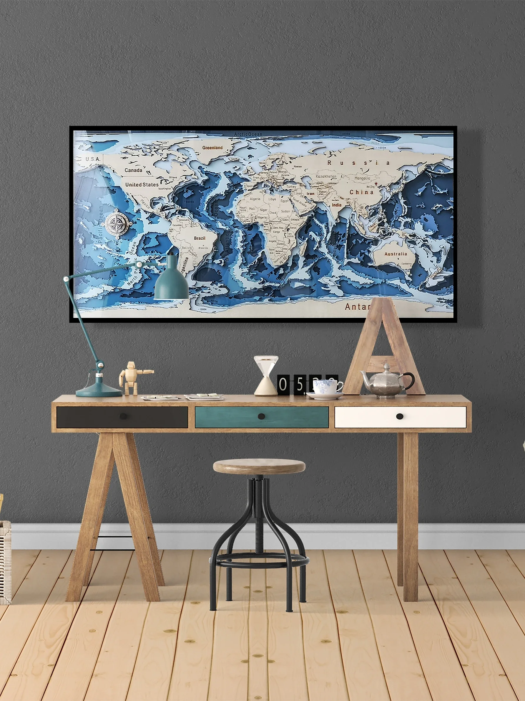 

Wooden Art Global 3D Map Blue Ocean Living Room Wall Hanging Decoration Painting Creative Gift