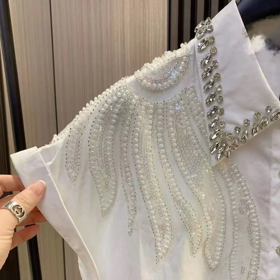 Luxury Sparking Rhinestone Beading Cotton Shirts Women\'s Summer 2024 Loose Blouses Shirts New In Short Sleeve White Top Blusas