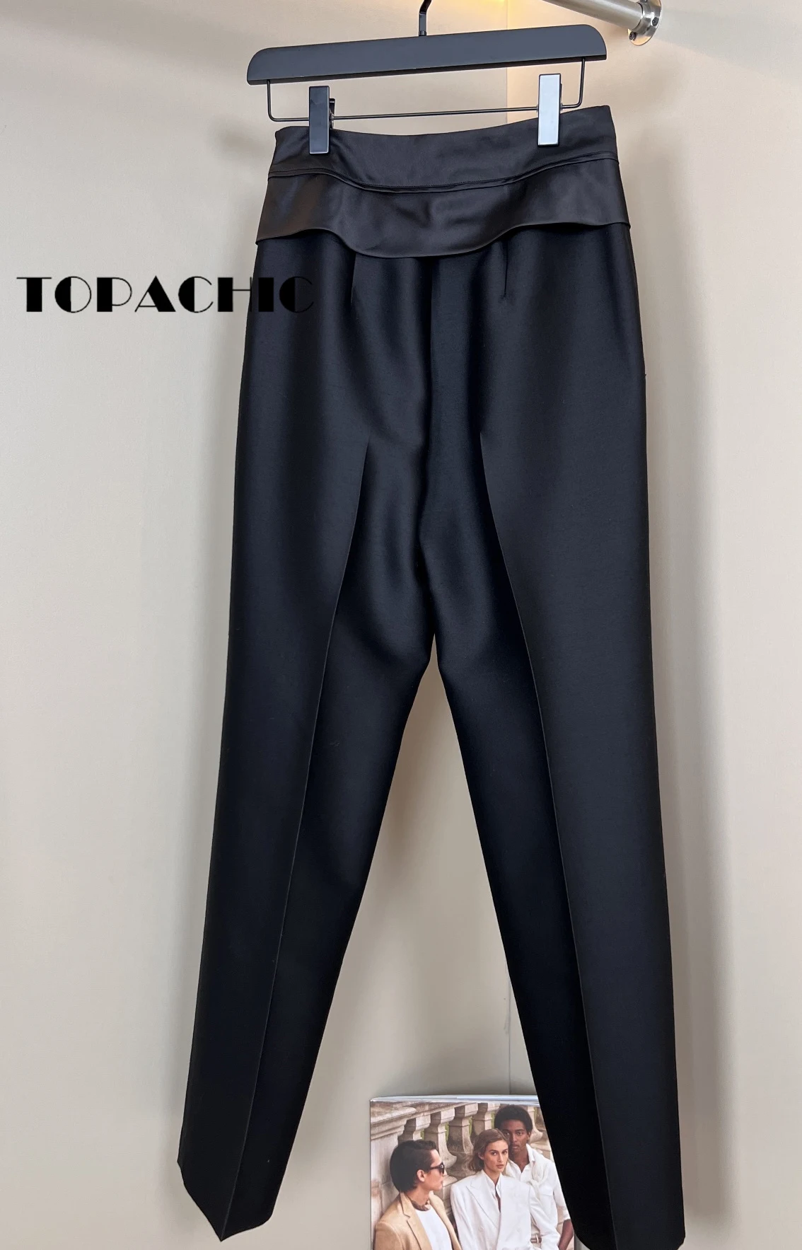 7.22 TOPACHIC-Women Clothes Contrast Color Pocket Spliced V-Neck Slim Long Thin Blazer Or High Waist Black Pants Set