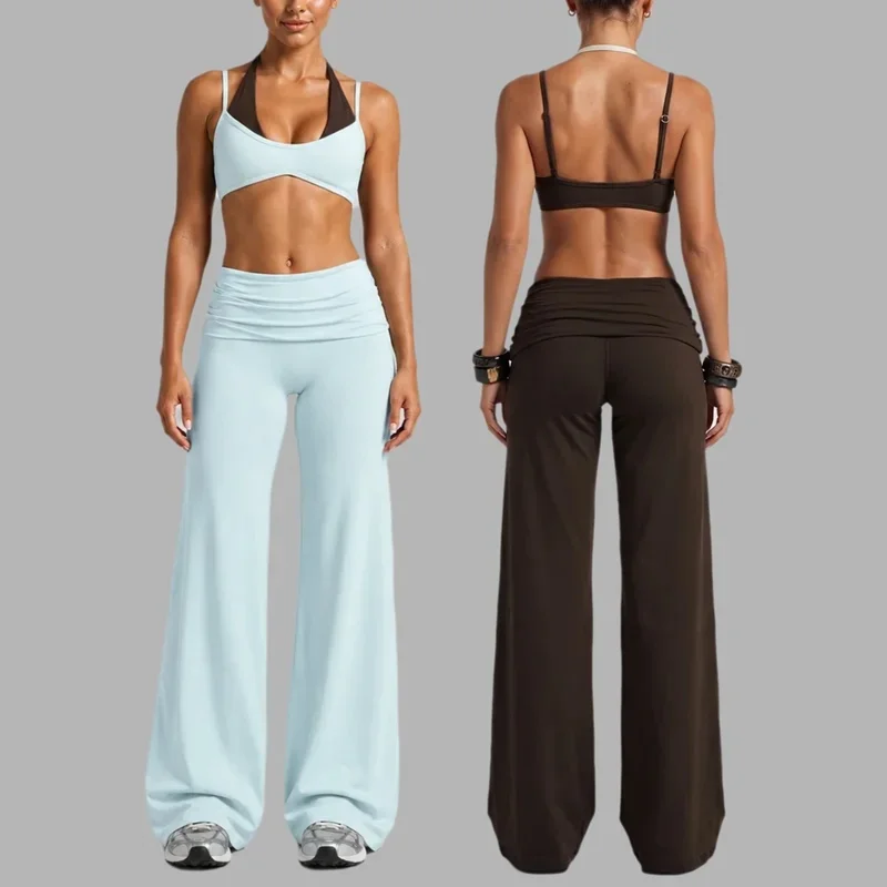 Women's Yoga Set Halter Top Fake Two-Piece Sport Bra with Adjustable Straps Quick Dry for Running Gym Workout Long Pants Fitness