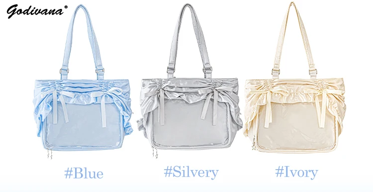 Original Student Girls Pleated Satin Ruffled Shoulder Bag Japanese Style Large Capacity Ita Bag Women's Tote Handbags