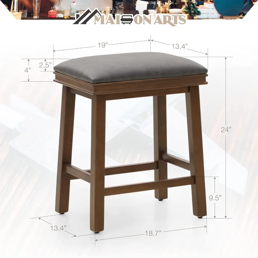 Grey Bar Stools Set of 2 Counter Height for Kitchen Counter Solid Wood Legs with Faux Leather Padded Seat