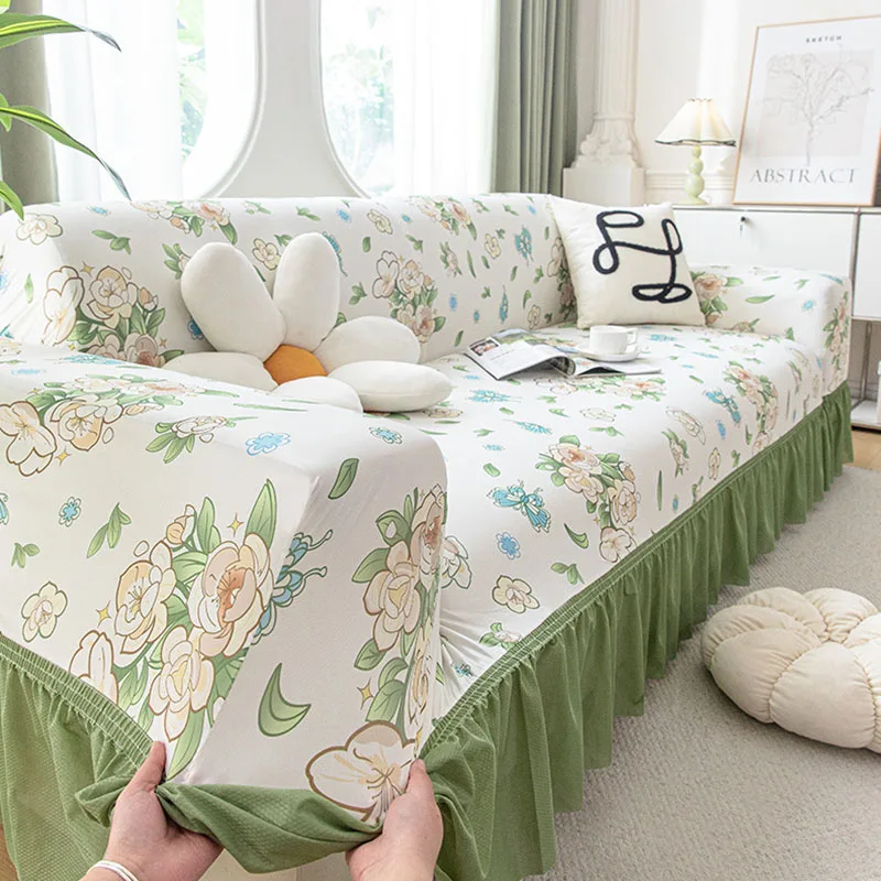 

Летний охлаждающий чехол для дивана с цветочным узором и юбкой, шелковистый, эластичный, полностью закрывающий, комфортный, пылезащитный, для защиты мебели