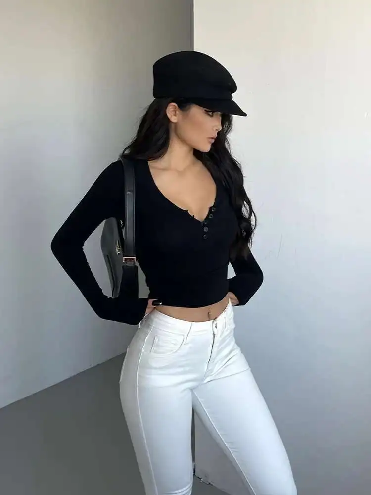 WOMENGAGA فتاة حار الخامس الرقبة طويلة الأكمام تي شيرت قصير للنساء الخريف جديد سليم أسفل تي شيرت موضة مثير المرأة Y2G5