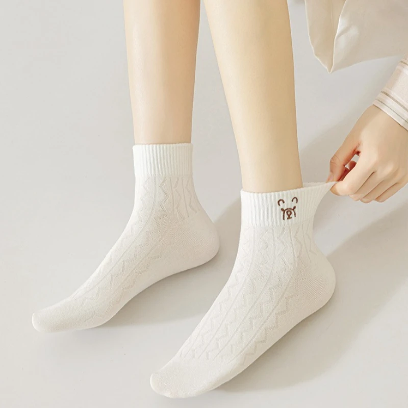 5 pares de meias de ursinho de pelúcia para mulheres primavera verão novo estilo respirável cor sólida dos desenhos animados bonito simples meias casuais