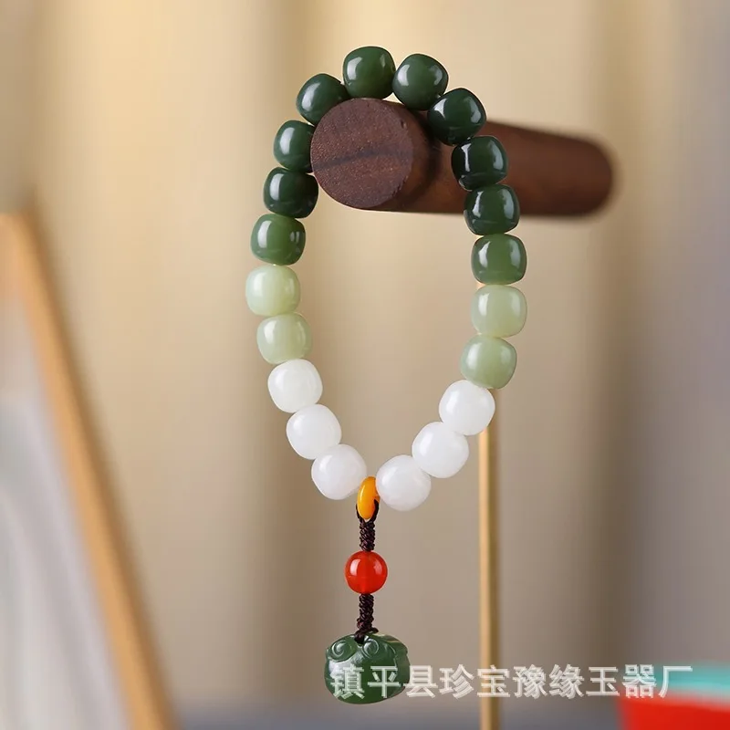 Natural Qinghai Material Lake Green Old Type Hetian Jade Gradient Color Bead Ruyi Bracelet Jewelry