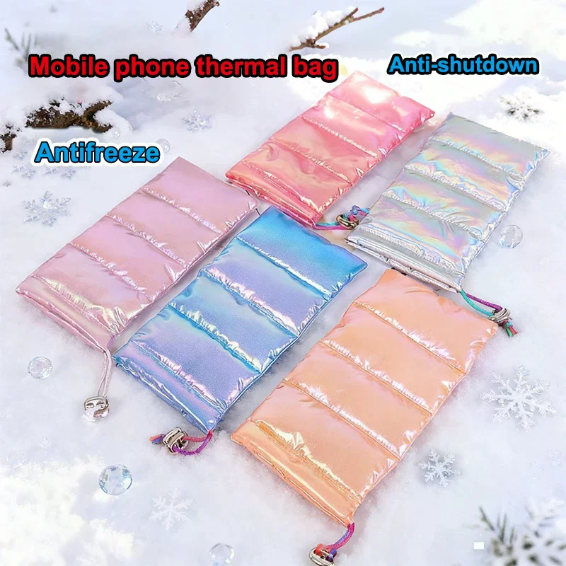 Thermal Phone Case Down Cotton Thermal Warm Cellphone Pouch With Drawstring Outdoor Phone Cover Bags Accessory For Overheating C