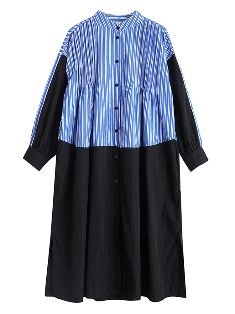 ストライプパッチワークオーバーサイズシャツワンピース レディース 新作 長袖 ルーズ カジュアル ミディ丈ワンピース エレガントな服 春秋 2025