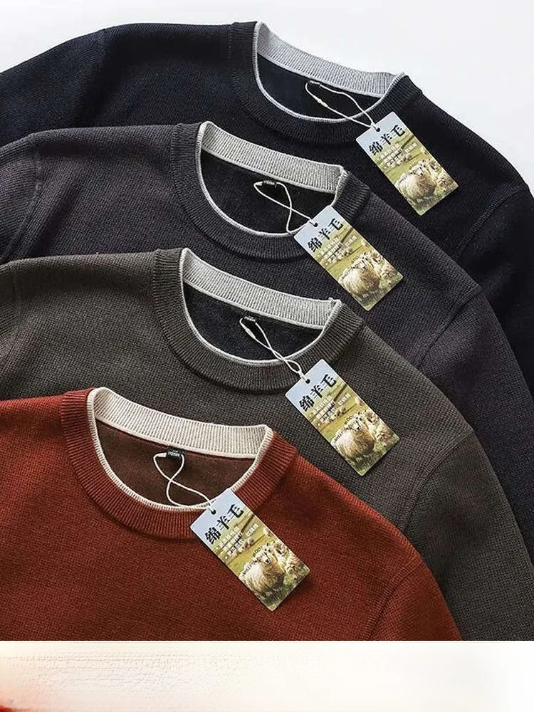 

Knitted Sweater Double Layer Collar Casual round Neck Men's Base Layer Warm Autumn Winter New Arrival Wool Blend Pol...