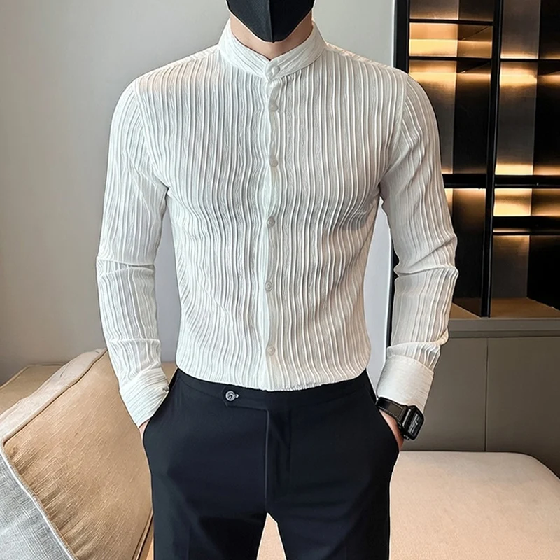 Cotton Men's Folds Striped Long-Sleeve Shirts Spring Autumn Business Casual Slim Fit Men Dress Shirt Party Wedding Mens Clothing