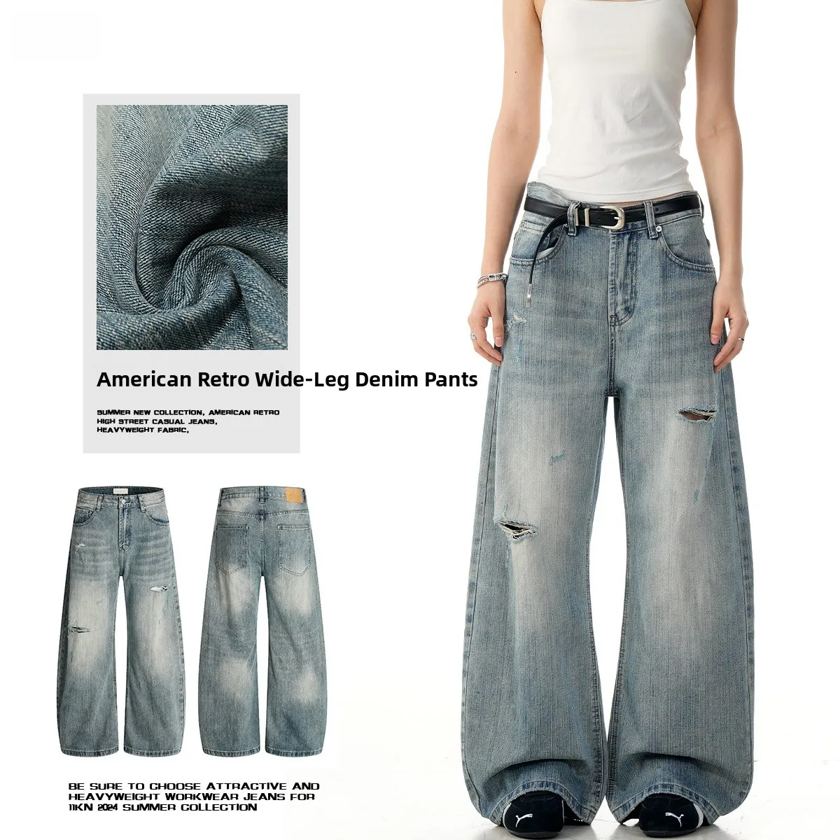 

Retro High Street American Bamboo Node Pattern Hole Bend Denim Jeans Straight Leg Slimming Casual Long Trousers for Men And W...