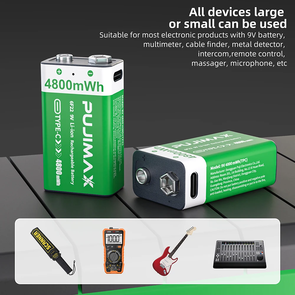 Akumulator PUJIMAX USB 9V 4800mWh, ładowany przez Type-C, bateria litowo-jonowa 6F22 9V do helikopterów RC, multimetrów, zabawek — zdjęcie produktu 5