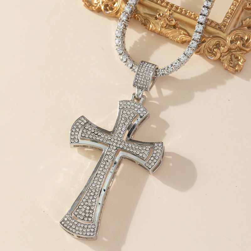 Men Women Hip Hop Large Rhinestone Cross Pendant Necklace With 4mm Tennis Chain Iced Out HipHop Necklaces Jewelry Fashion Gift