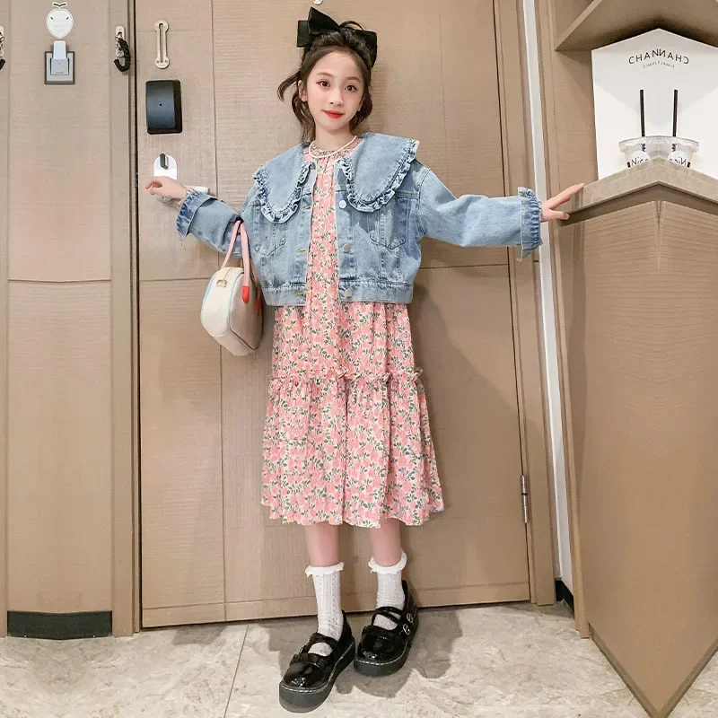 Girls Korean Autumn Set 2024 New Girls Floral Dress Children Lace Turn-down Collar Denim Coat Two Piece Set Trendy