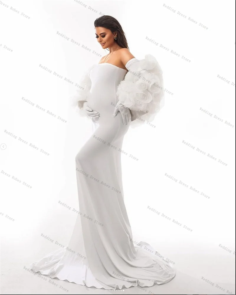 

White Wrap Cape Woman Pregnant Prom Dress 3D Flower Sexy Sleeveless Maternity Bridal Morning Robes Night Gown Customized