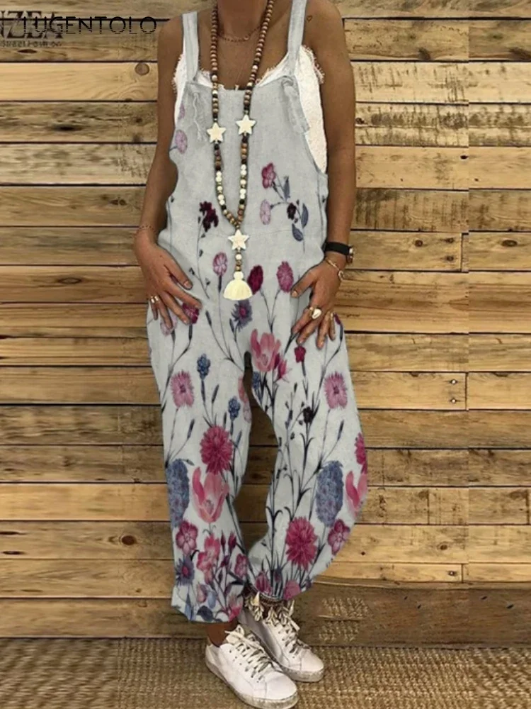 Overalls Jumpsuits Women Thin Summer Loose Casual Vinatge Print Swwet Female Large Size New  Suspenders Straight-leg Pants