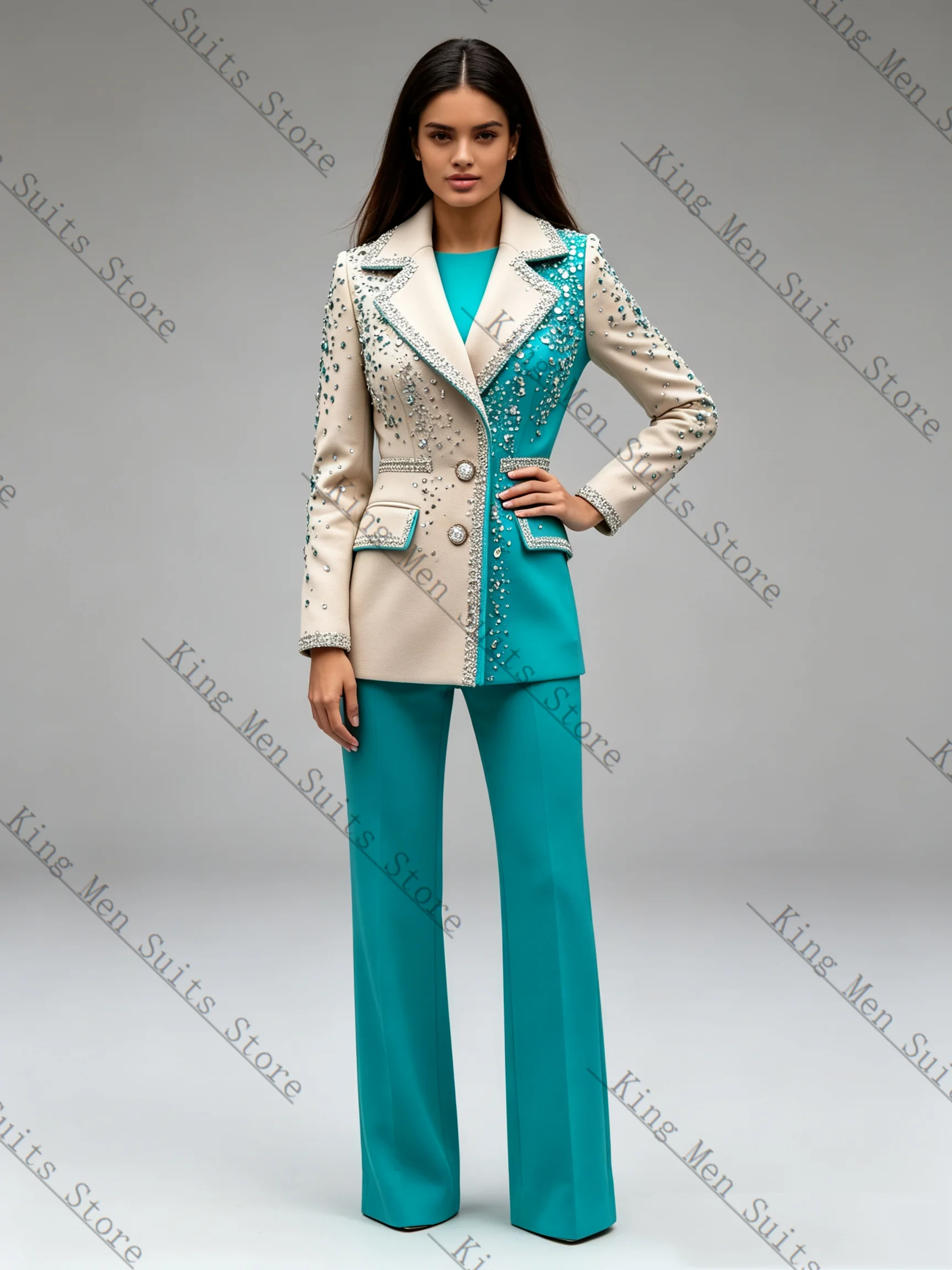 Luxury Crystals Women Suit Set 2 Pcs Blazer Pants Trousers Autumn Customized Formal Office Wedding Tuxedos Coat Prom Jacket