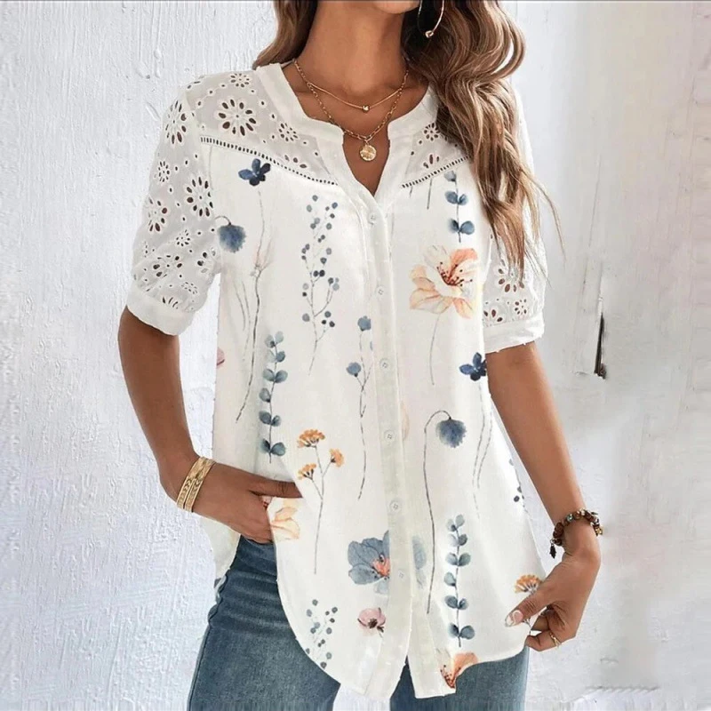 

Elegant V-Neck Hollow Out Shirt Women Vintage Print Blouse Loose Short Sleeve Tops New Summer Tops Casual Ladies Clothes 27968
