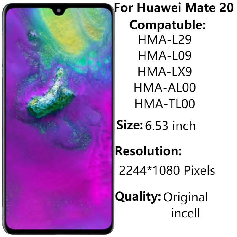 

Original 6.53'' For Huawei Mate 20 LCD Display With Frame HMA-L29 L09 LX9 AL00 TL00 LCD Touch Screen Digitizer Assembly Parts