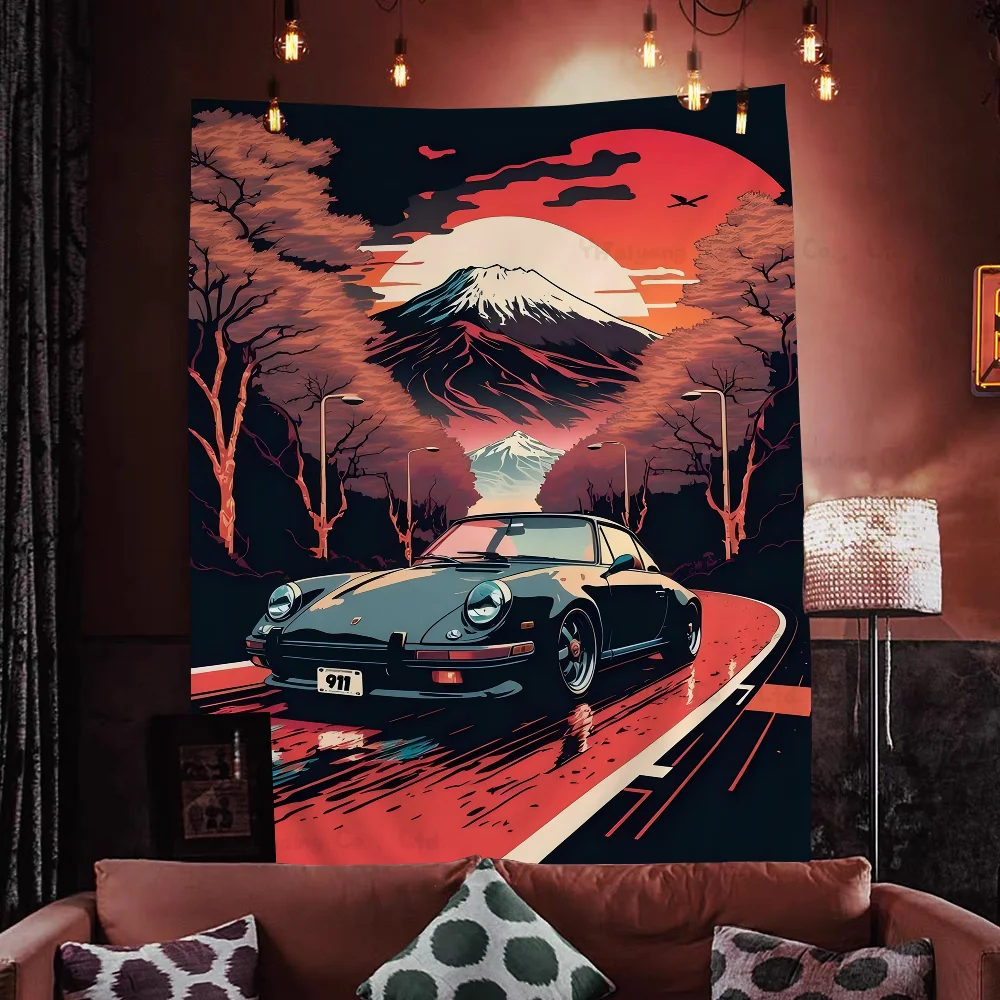 80s Retro Car Japanese Landscape Cartoon Tapestry Wall Hanging Decoration Household Home Decor