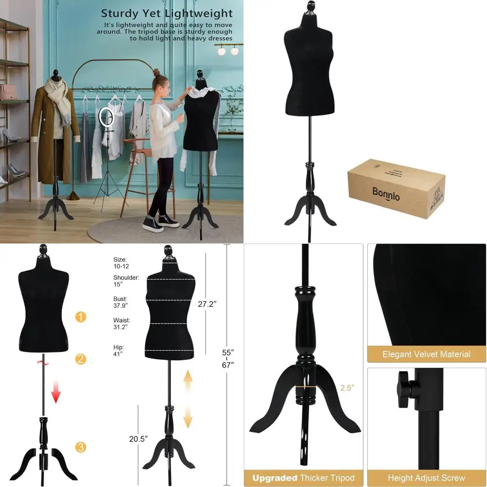 

Adjustable Pinnable Female Mannequin with Wooden Tripod Stand, Sizes 10-12, Black