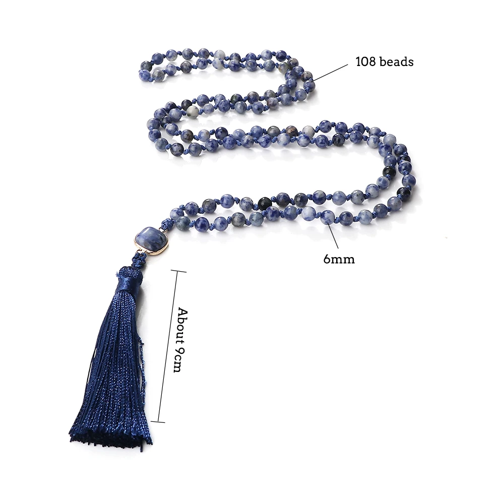 New Prayer 108 Mala Beads Tassel Pendant Necklace 6mm White Dot Blue Natural Stone Bracelet&Bangle Chain Jewelry Gift Friend