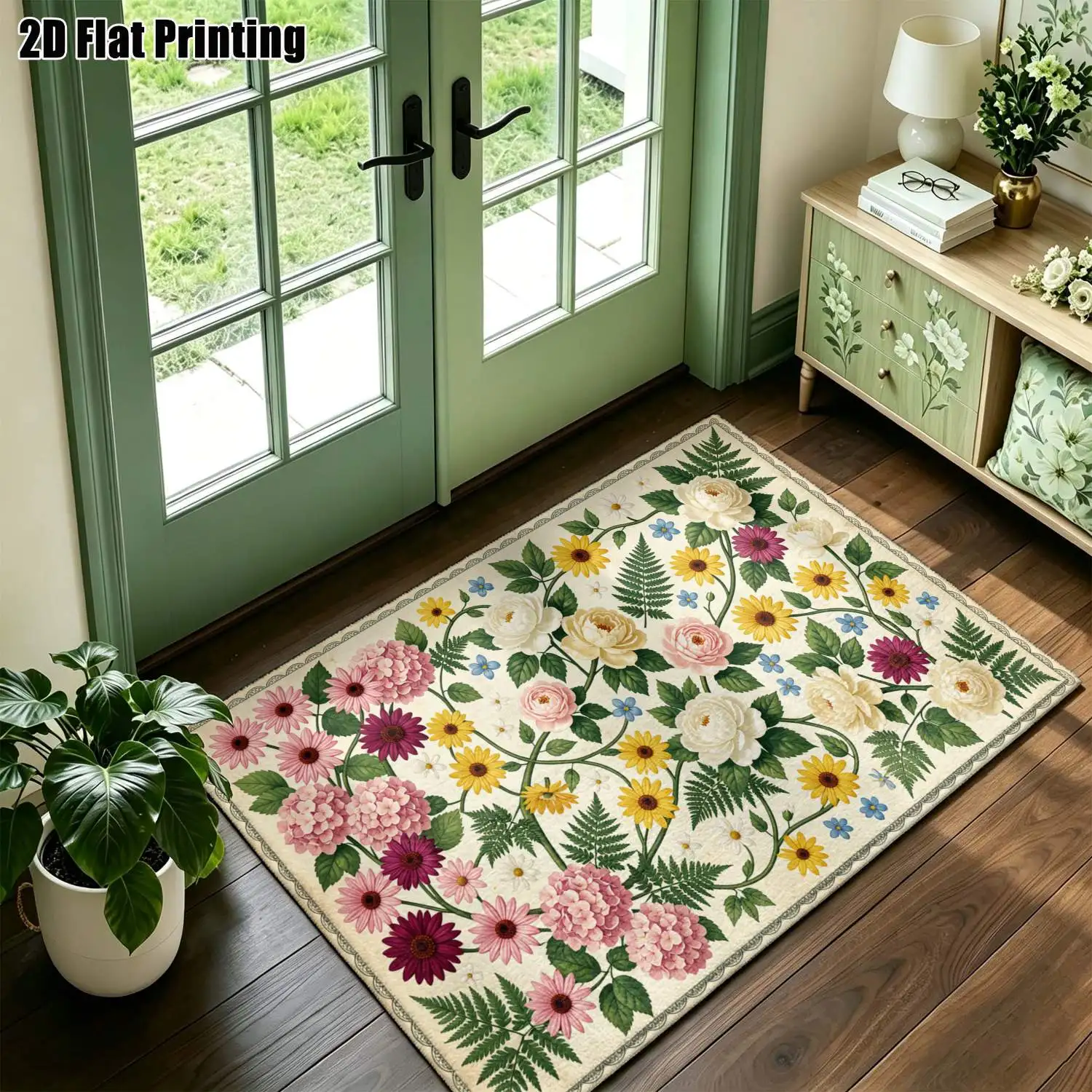 1Pc 2D Printed Retro Colorful Floral Carpet, Suitable for Instagram/European Home Decor, Multiple Sizes, Machine Washable, Usable as a Multi-Scene Mat/Rug