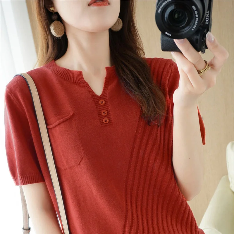 T-shirt Women\'s summer new 100% cotton pullover short sleeve loose knit V-neck top casual Korean fashion solid color short sleev