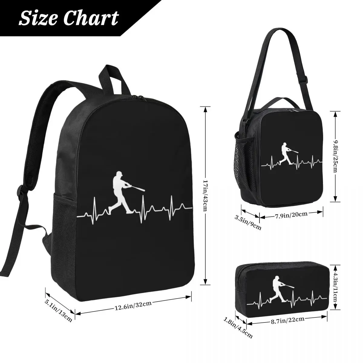 

Baseball Player Heartbeat Backpack Student Boys Girls BookBag School Bag Shoulder Bags 3ps Insulated Lunch Bag Pencil Case