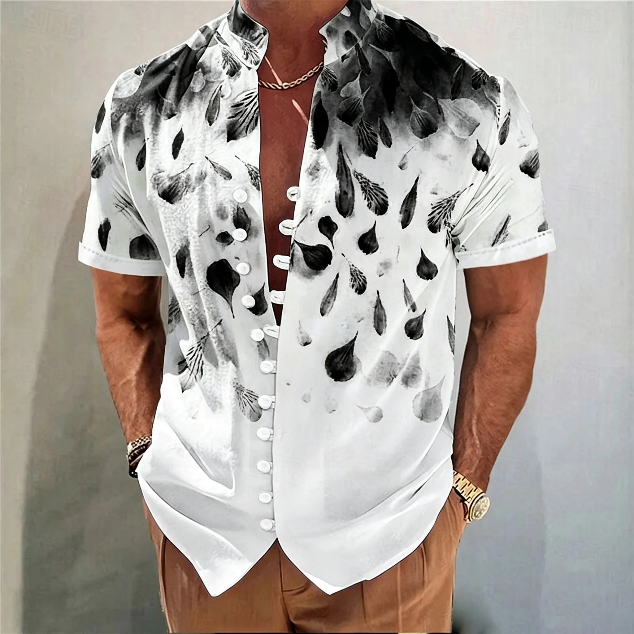 Men's Gradient Ink Painting Petal Short-Sleeve Shirt, Stand Collar, Fold-Button Shirt, Summer Casual Trendy Men's Top