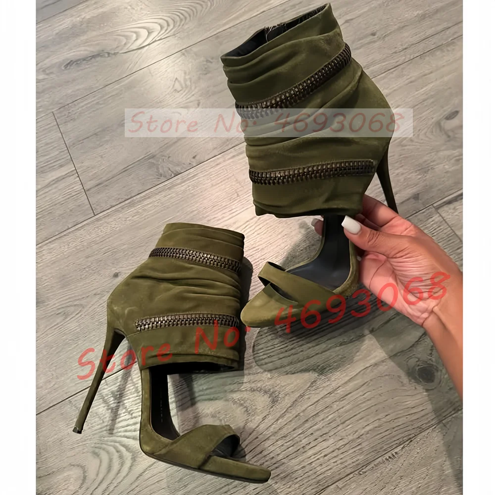 

Zip Ankle Wrap High Heels Sandals Women Outfit Retro Brown Summer Elegant Flock Shoes Female Covered Heel Open Toe Suede Sandals