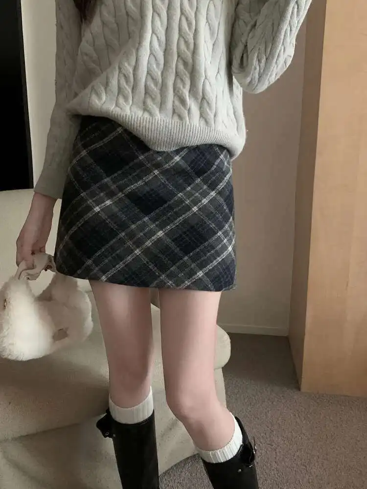 High Waist Plaid Woolen Skirt Women's Autumn Winter Wrap Around Skirt Retro A Line Skirt Commute Polyester Japanese Mini 8HA8