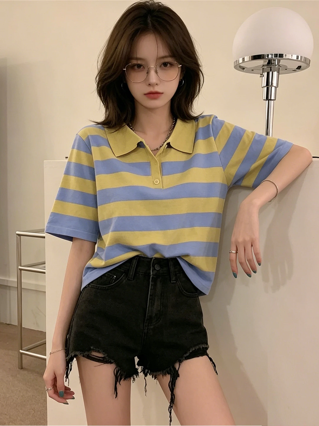 

Slim Fit Neck Short Sleeve Knitted Top Women's Summer New Style Striped Short Length Fashionable Design Breathable Soft ...